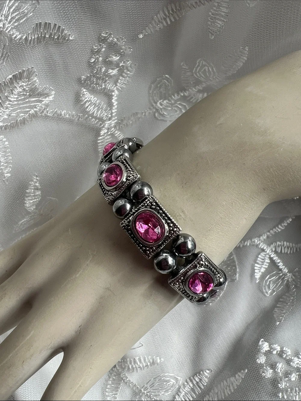 Silver-Tone Bracelet with Pink Gem Accents